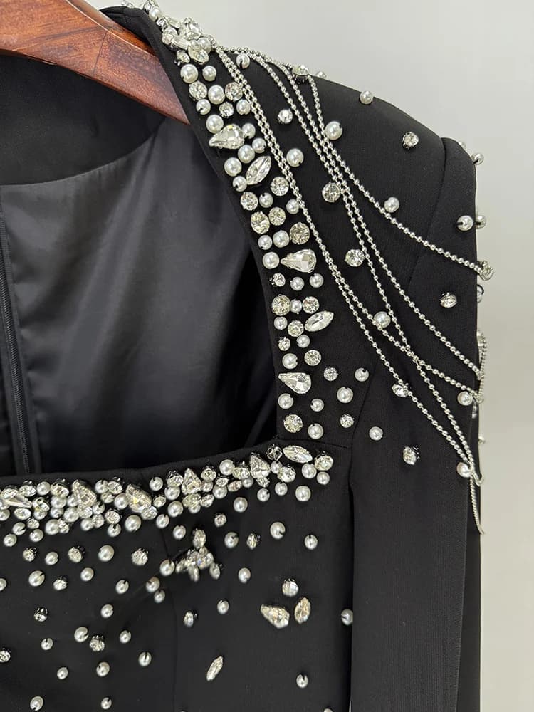 HIGH STREET Nouveauté 2026 Robe longue maxi de créateur pour femme, ornée de diamants et de chaînes,