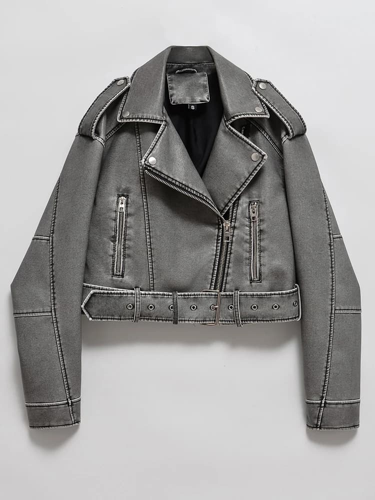 Ailegogo femmes Vintage ample lavé Faux cuir veste courte Streetwear femme fermeture éclair ceinture