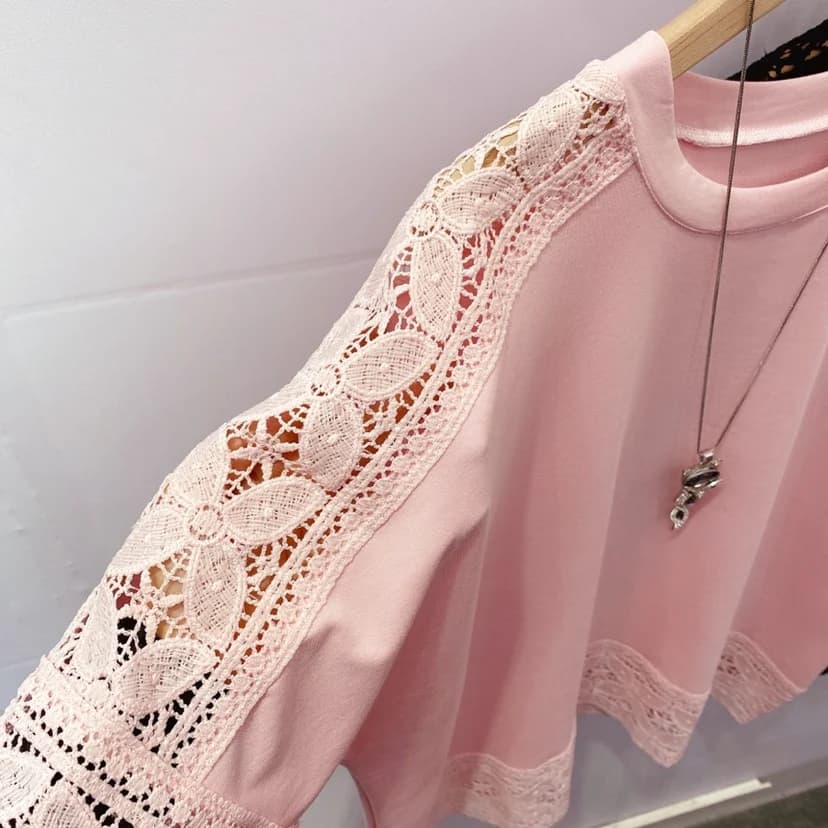 T-shirt amissié en dentelle pour femme, vêtement d'aviation, patchwork