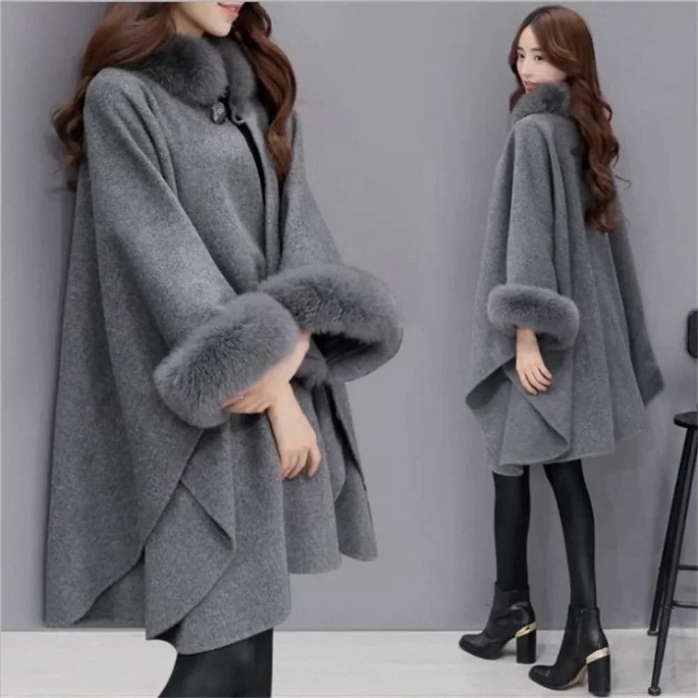 S-5XL hiver chaud mode cape corne boucle laine Poncho Capes femmes fausse fourrure de lapin manches 