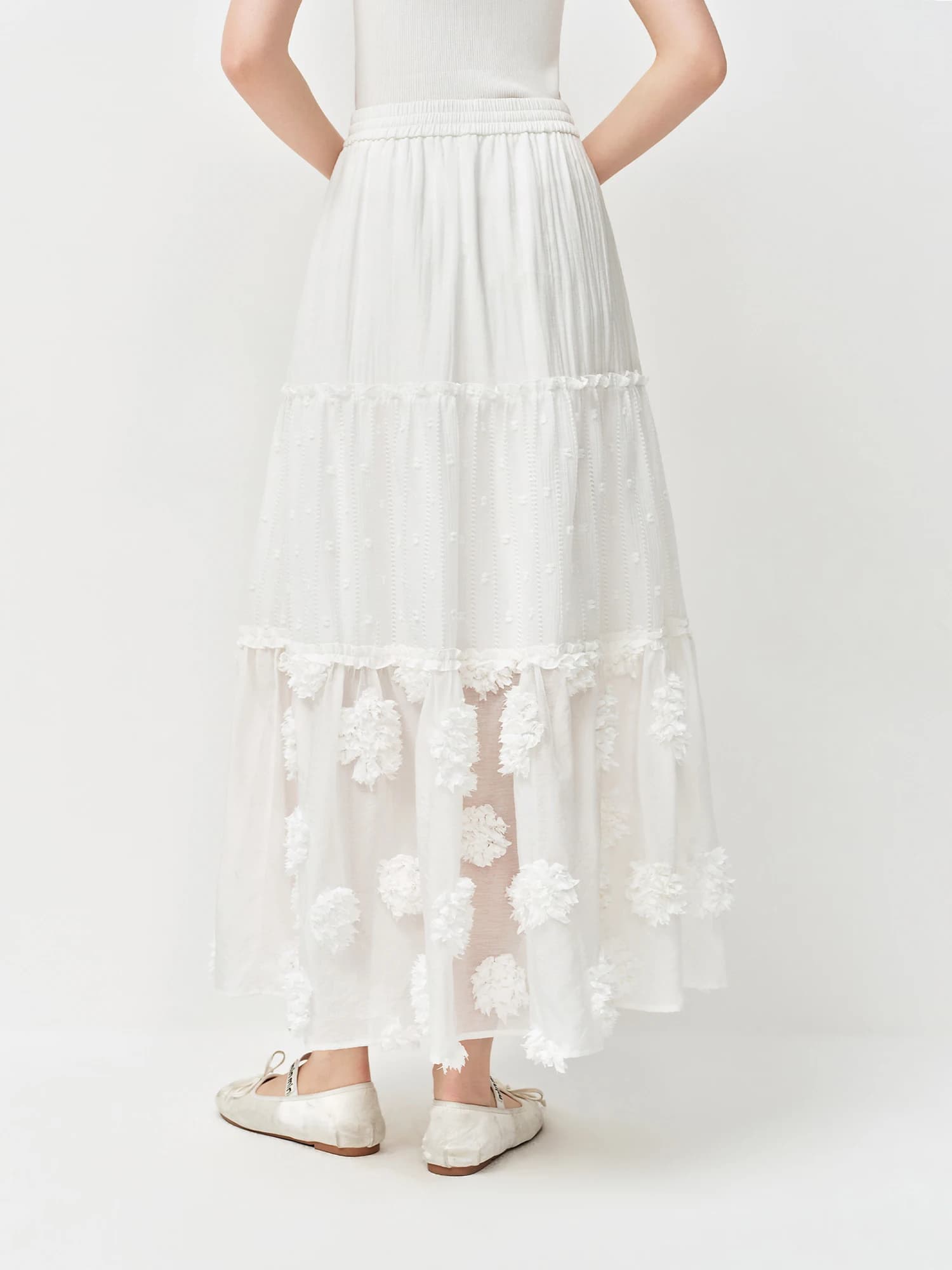Jupe midi superposée FSLE 2026 pour femme, jupe trapèze blanche brodée de fleurs 3D pour un style ré