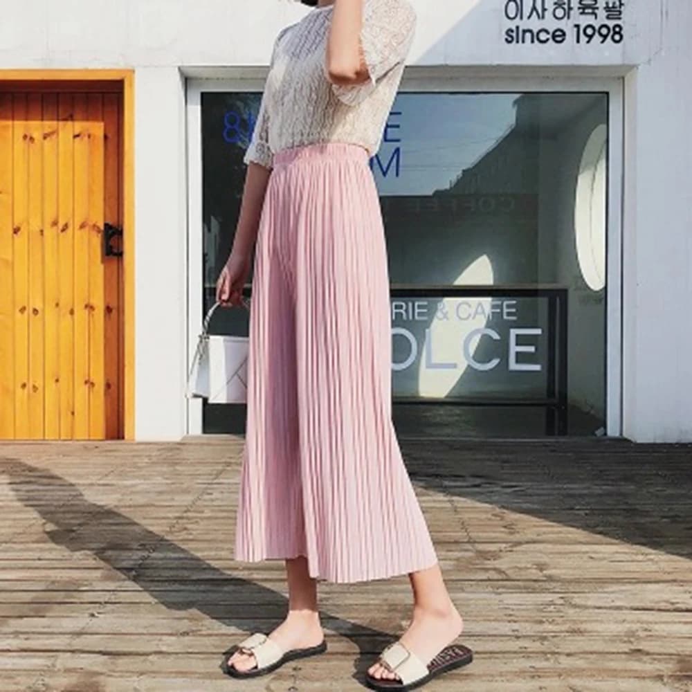 Viser à jambes larges pour femmes, tissu froissé uni, fjBaggy, taille élastique, vêtements pour femm