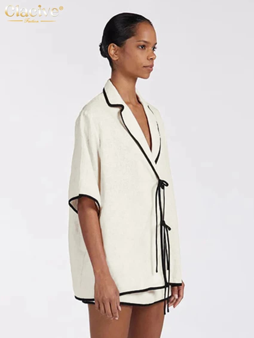 ClacMarkets-Ensemble 2 pièces en coton beige pour femme, chemise à manches mi-longues, mini jupe tai