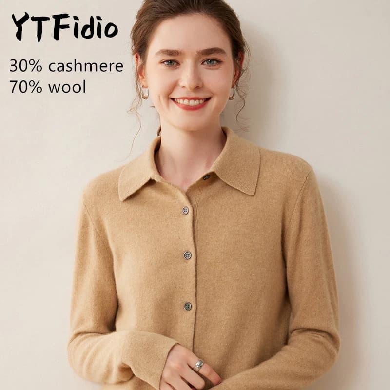 YTFidio cachemire laine mérinos pull femmes col POL à manches longues haut de luxe vêtements de créa