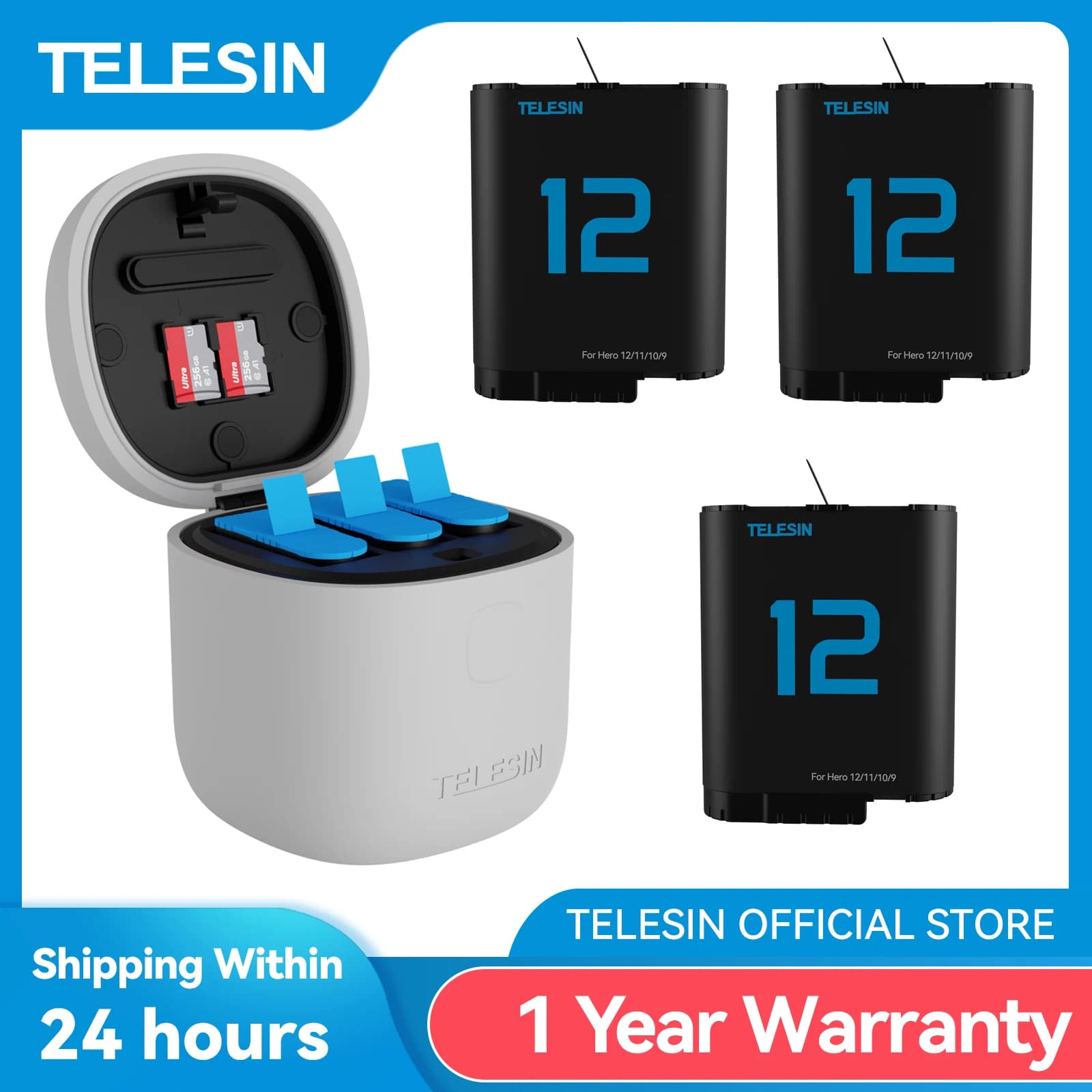 TELESIN – batterie 1750mAh pour GoPro Hero 9 10 11 12, 3 emplacements, boîtier de chargement étanche