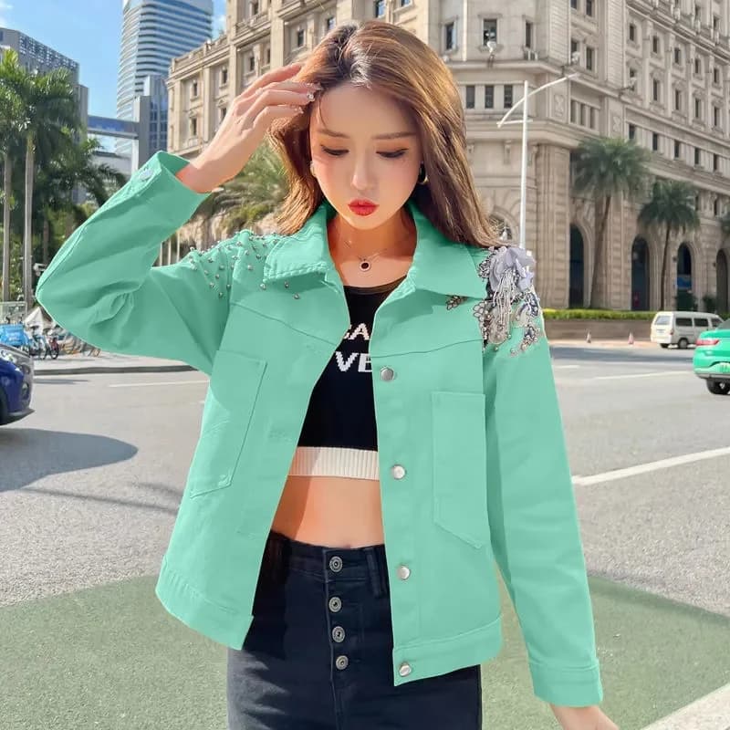 Veste Courte en Denim pour Femme, Couleurs Bonbons, Manteau en Jean avec Rivets Appliqués, pour Étud