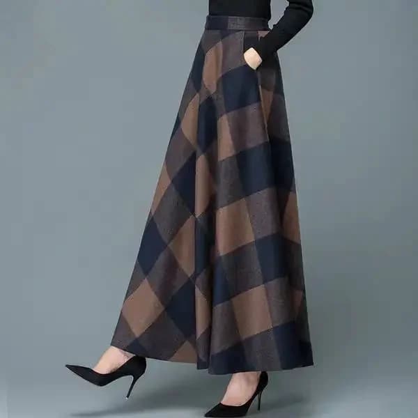 Automne hiver laine jupe à carreaux femmes longue a-ligne grand ourlet robe taille haute jupe longue