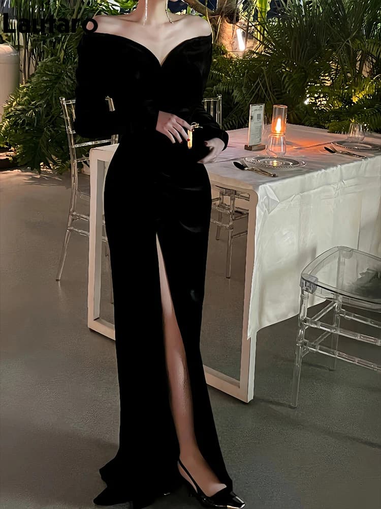 Lautaro printemps longue Sexy noir extensible ajusté fête d'anniversaire robes de soirée pour les fe