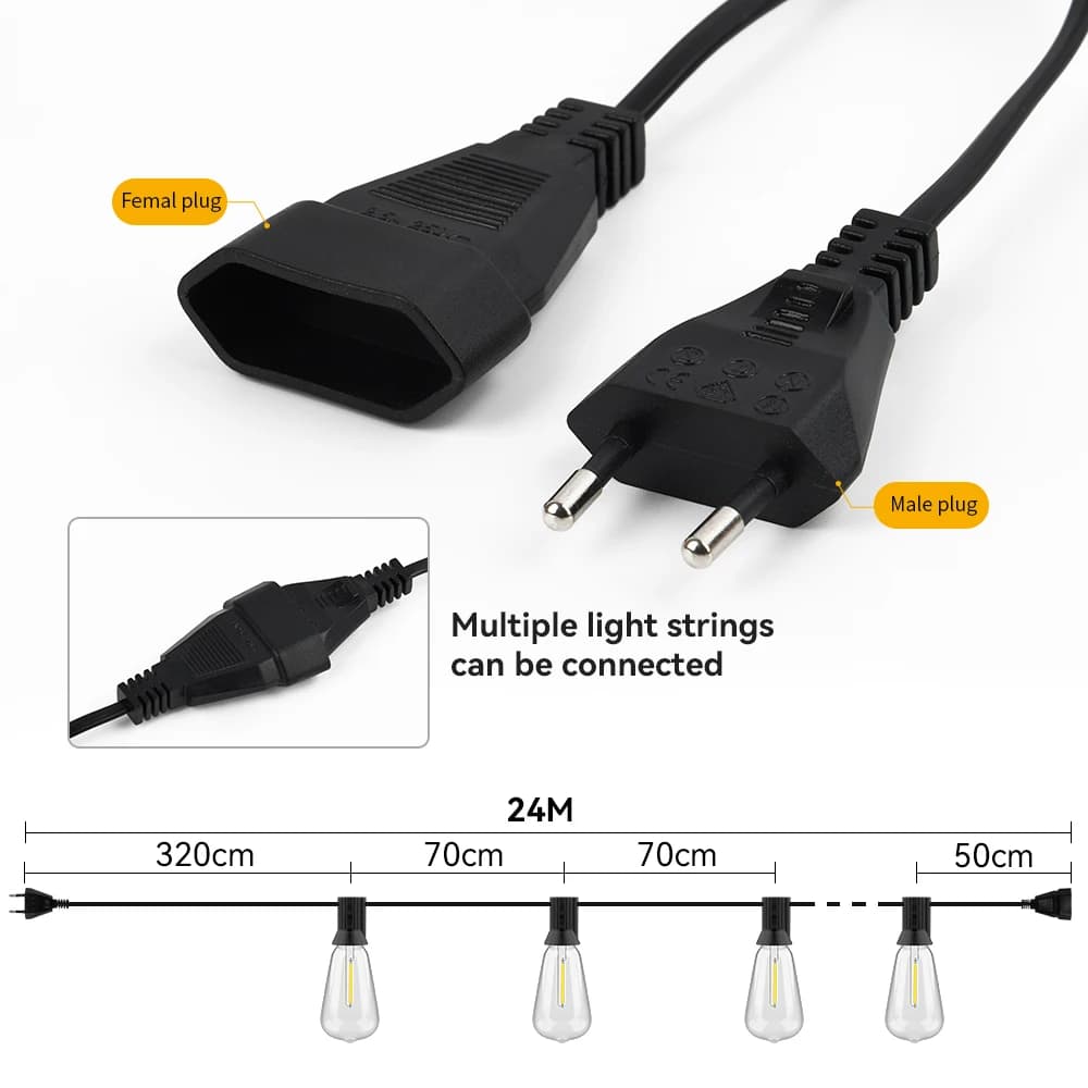 Guirlande lumineuse LED ST38 24M/15M, guirlande lumineuse extérieure pour jardin, café, mariage, rue