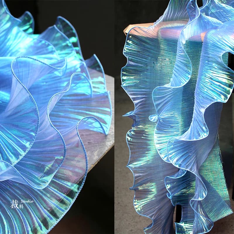 Tissu en dentelle bleue plissée effet sirène, 1 mètre, Lustre néon Laser pour femmes, robe de 15CM d