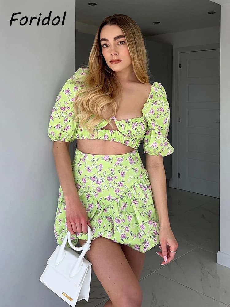 Robe Corset Style français, rose, fleur, vert, ensemble, Mini, Vintage, manches bouffantes, Sexy, co