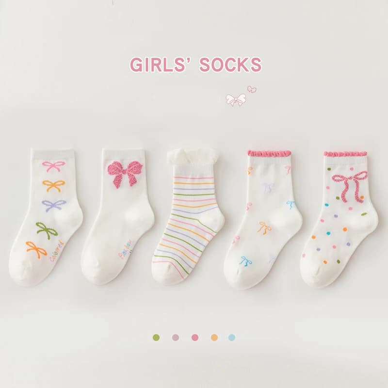5 paires de chaussettes mi-mollet avec nœud papillon pour enfants filles, en coton peigné sélectionn