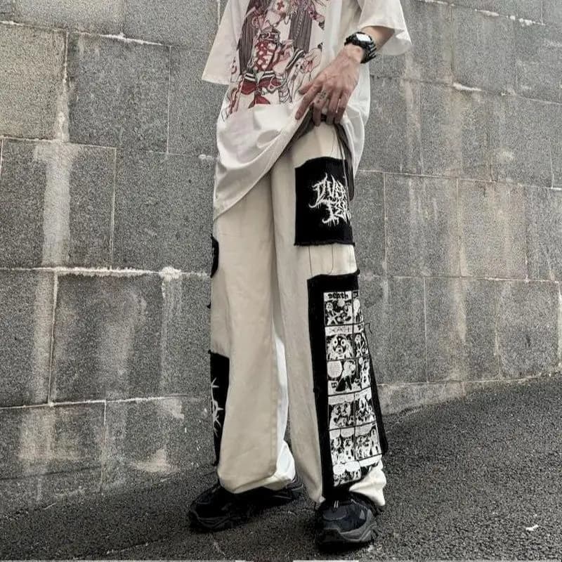 Pantalon cargo gothique punk pour femme, pantalon Anime Patch, taille haute, noir, fjcasual, Harajuk
