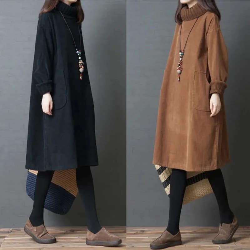 Robe mi-longue en velours côtelé rétro pour femme, pull, pull, velours ajouté, col haut, éducatif, a