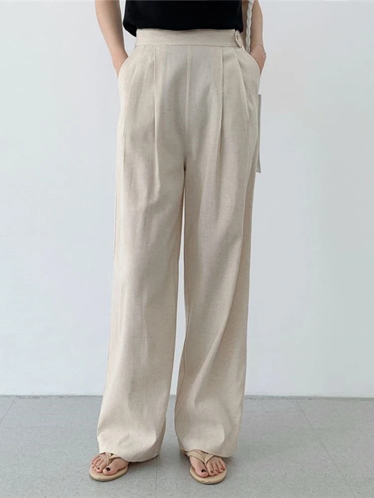QOERLIN pantalons en lin femmes 2025 nouveau taille haute jambe large bureau dames pantalon avec poc