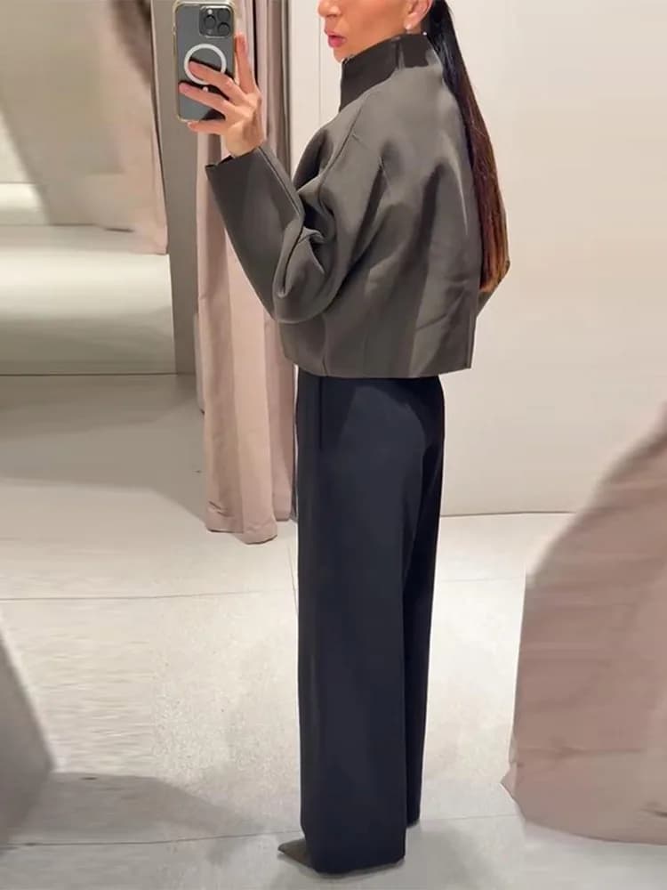 Veste courte Vintage à col montant pour femme, manteau ample et chaud avec fermeture éclair, manches