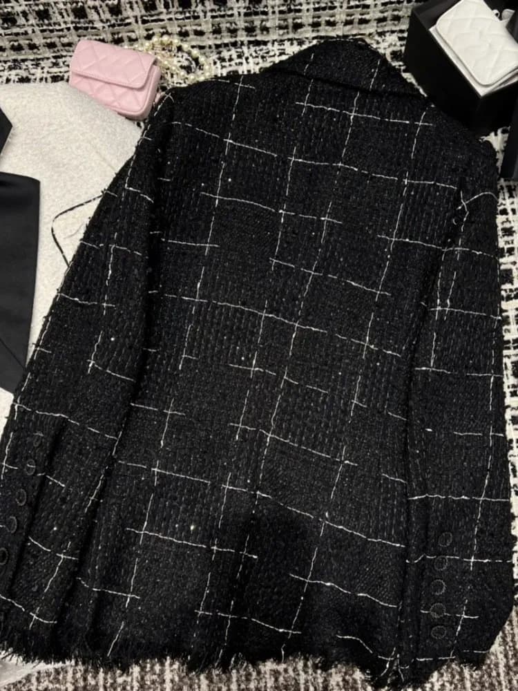Veste en tweed à carreaux pour femmes, glands, mi-boutonnage simple, avocat, fête, vêtements d'extér