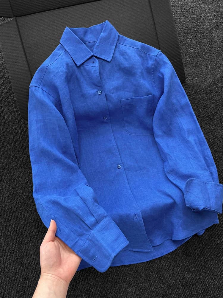 Chemise en lin bleue pour femme, été, fine, ample, en coton et lin, manches longues, protection sola