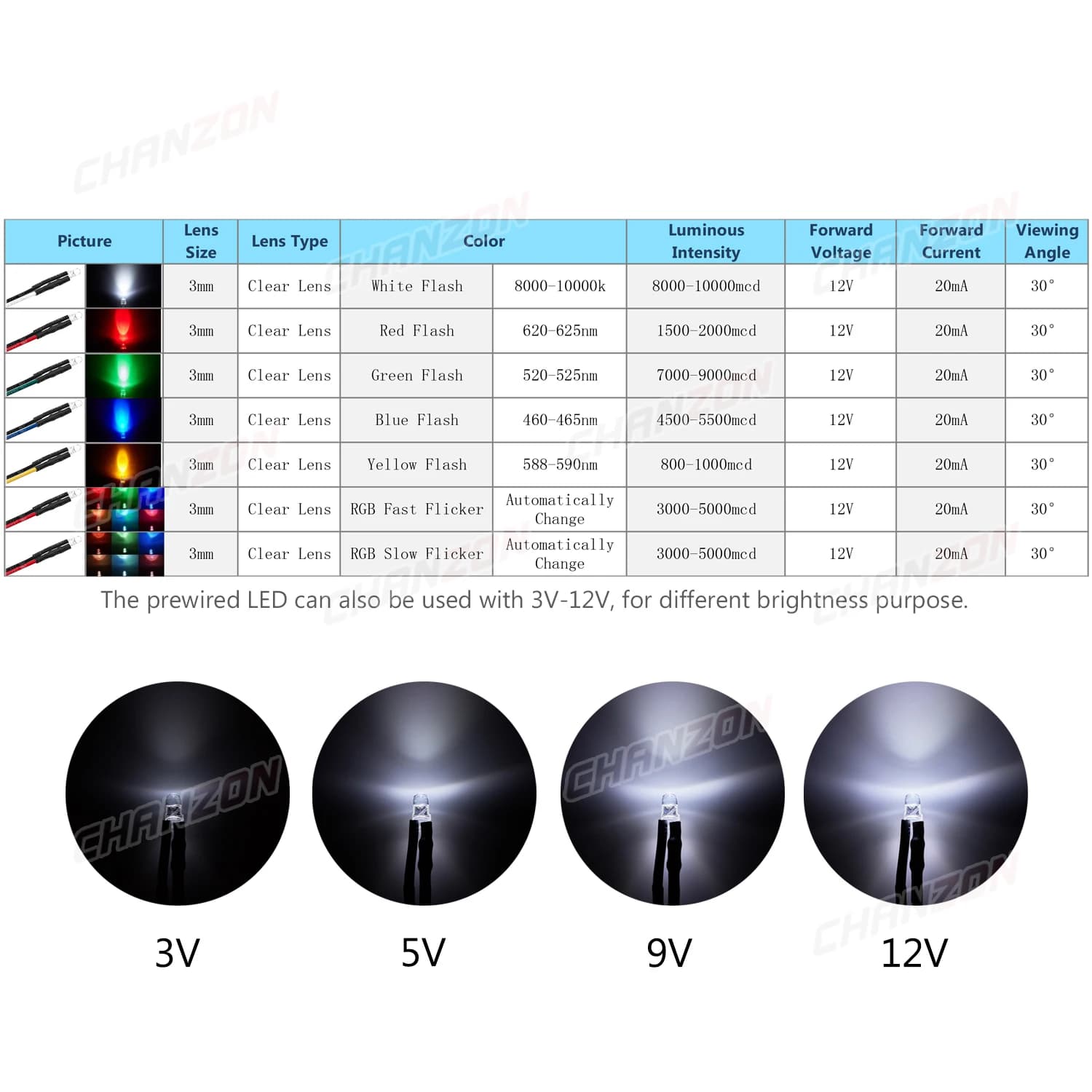 Diode LED précâblée 3mm 12V, 20 pièces, perles de lumière clignotantes, blanc, rouge, vert, bleu, ja