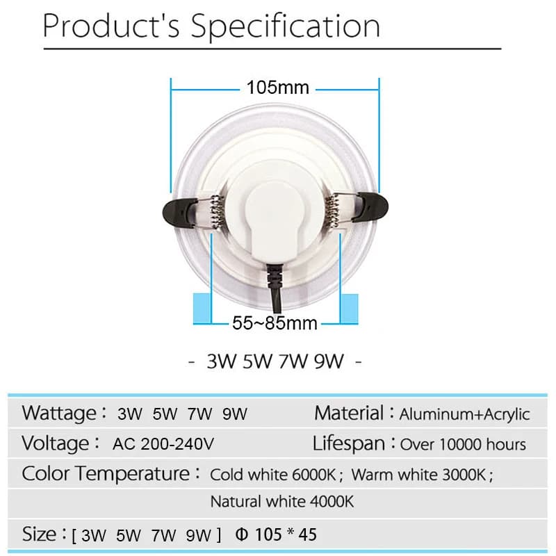 LED Downlight 9W 7W 5W 3W Guide de lumière plafonniers encastrés forme ronde panneau acrylique intér