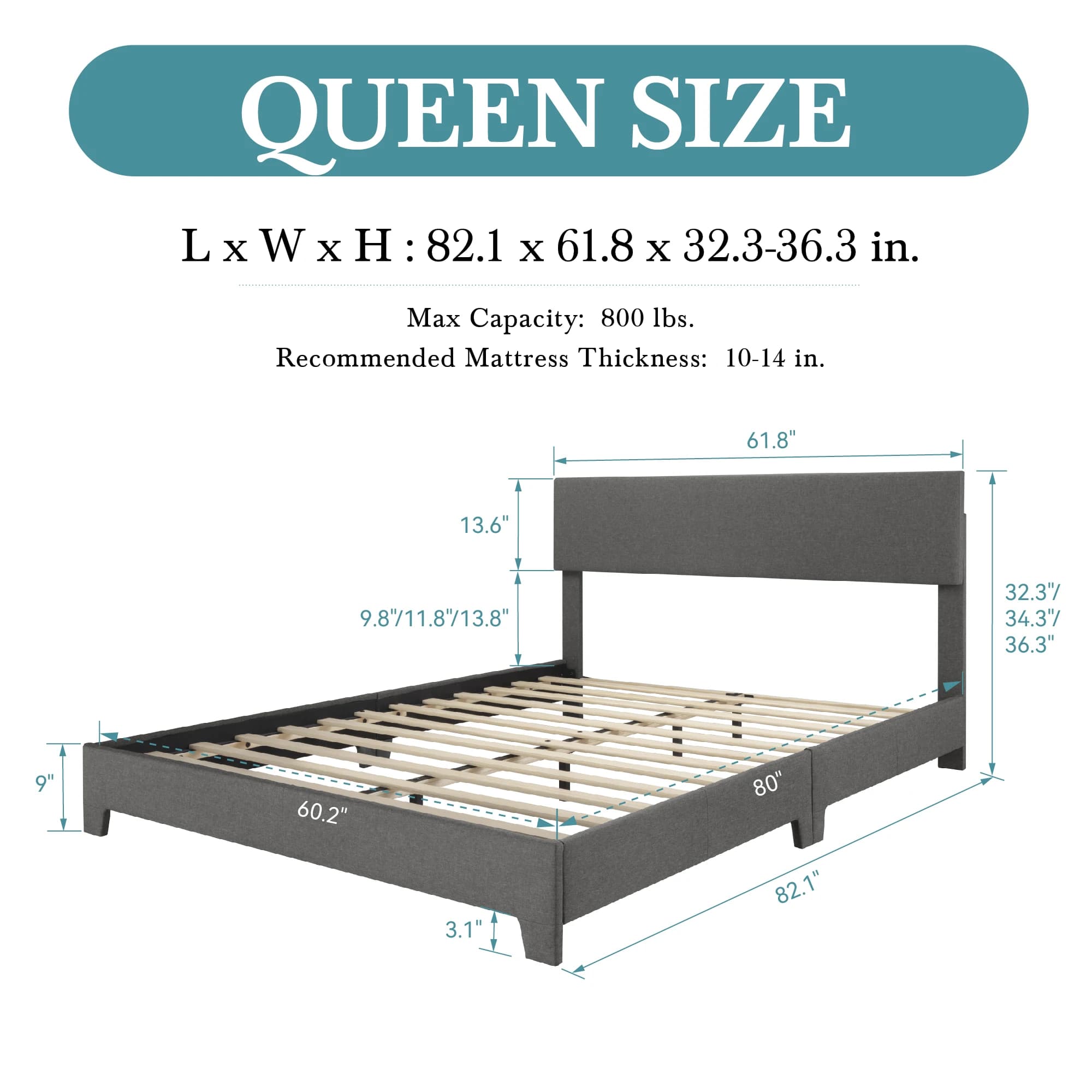 Cadre de lit en tissu de lin doux avec planche de sauna réglable, structure de soutien de bain, sans