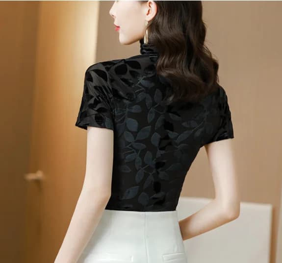 T-shirt à col roulé et manches courtes pour femme, haut élastique en velours, Slim et décontracté, à