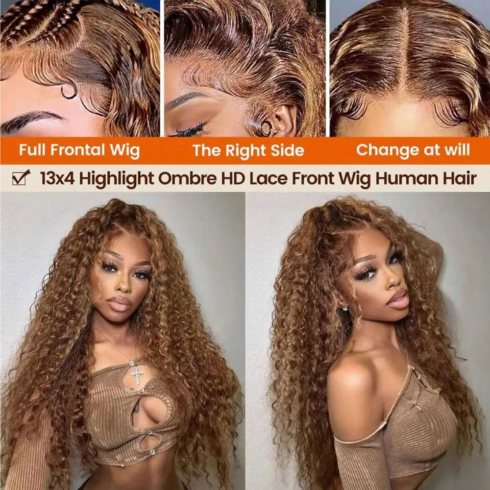 Perruque Lace Frontal Wig naturelle bouclée à reflets, cheveux humains, 13x4, sans colle, HD, Deep W