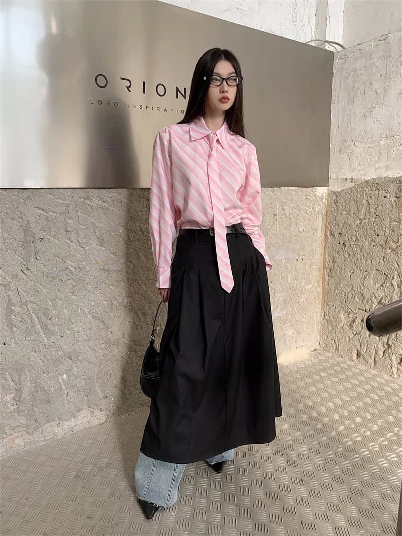 CHEERART Rose Rayé Chemise Avec Cravate Bureau Tenues Femmes T-shirt À Manches Longues Et Chemisier 