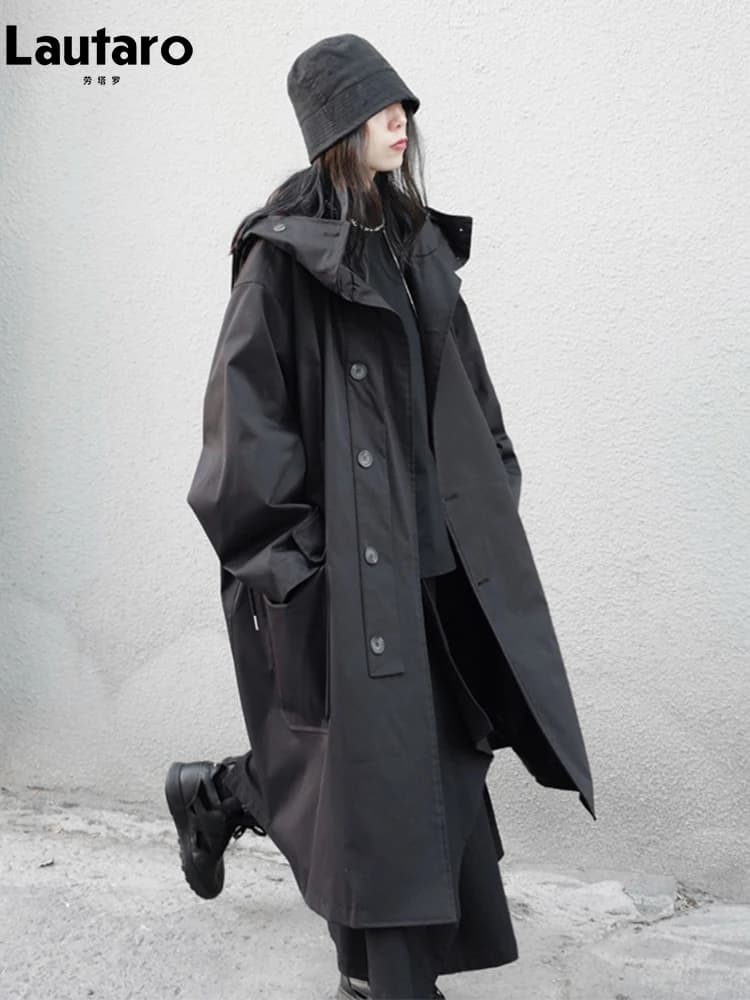 Lautaro-Manteau Long Respirant Noir avec Capuche pour Femme, Vêtements de Créateur de Luxe, Dark Aca