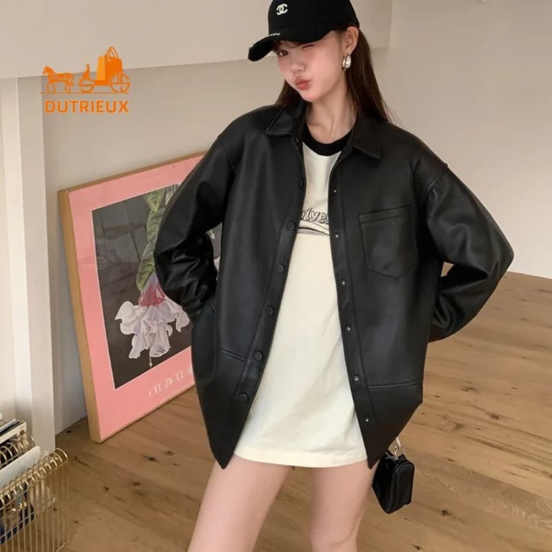 Veste en cuir véritable de style chemise mi-longue pour femme, manteau élégant et doux, 100% peau de