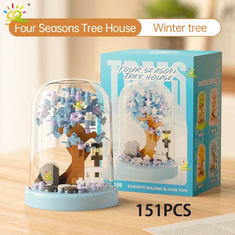 HUIQIBAO MOC Mini maison dans les arbres quatre saisons avec boîte d'affichage modèle Micro bloc de 