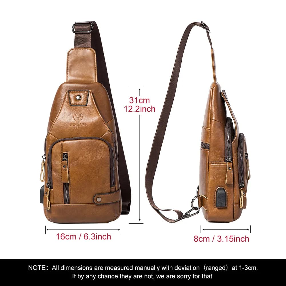 HUMERPAUL-Sac de poitrine USB pour homme, 100% cuir véritable, sacs à bandoulière initiés, sac de me