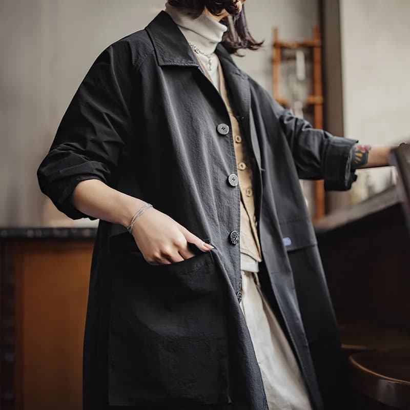 Maden – manteau Balmacaan noir pour femme, col simple boutonnage, mi-long, coupe-vent, pour printemp