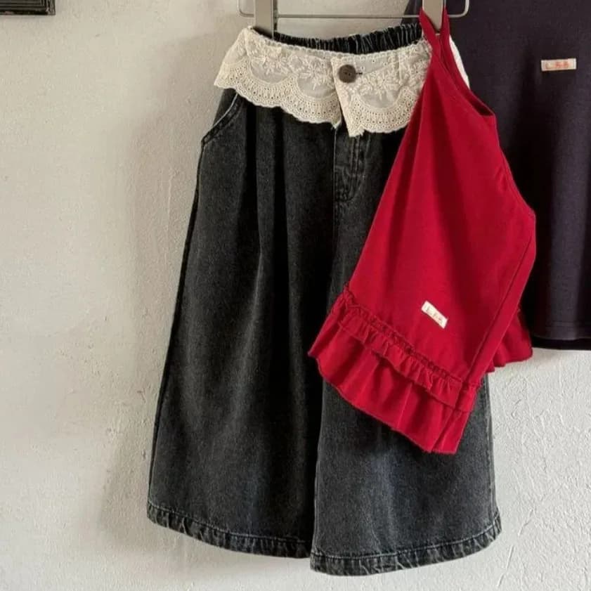 UNITIM Jeans amples en denim pour filles de 2 à 8 ans, avec patchwork en dentelle, pantalon droit dé