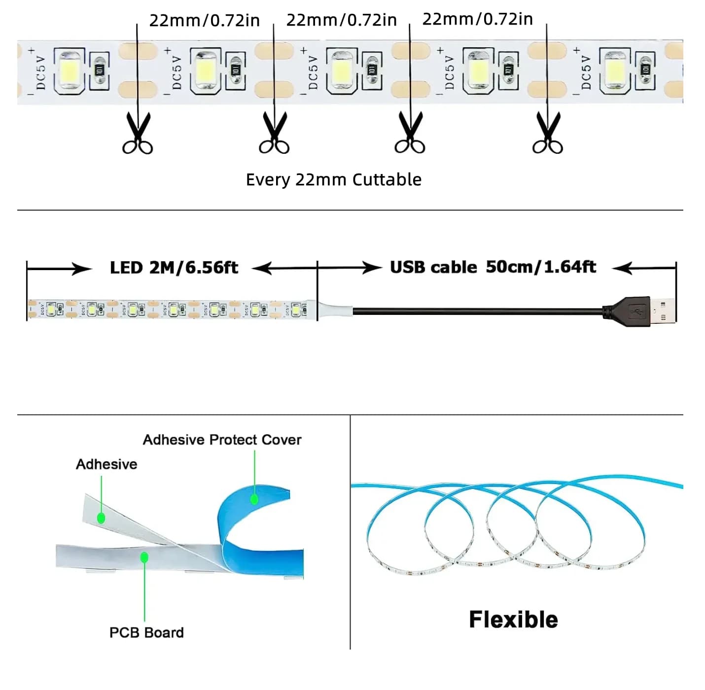 Bande lumineuse LED USB 2835, 5V DC, 1- 5m, lumière blanche chaude, éclairage de fond de télévision,