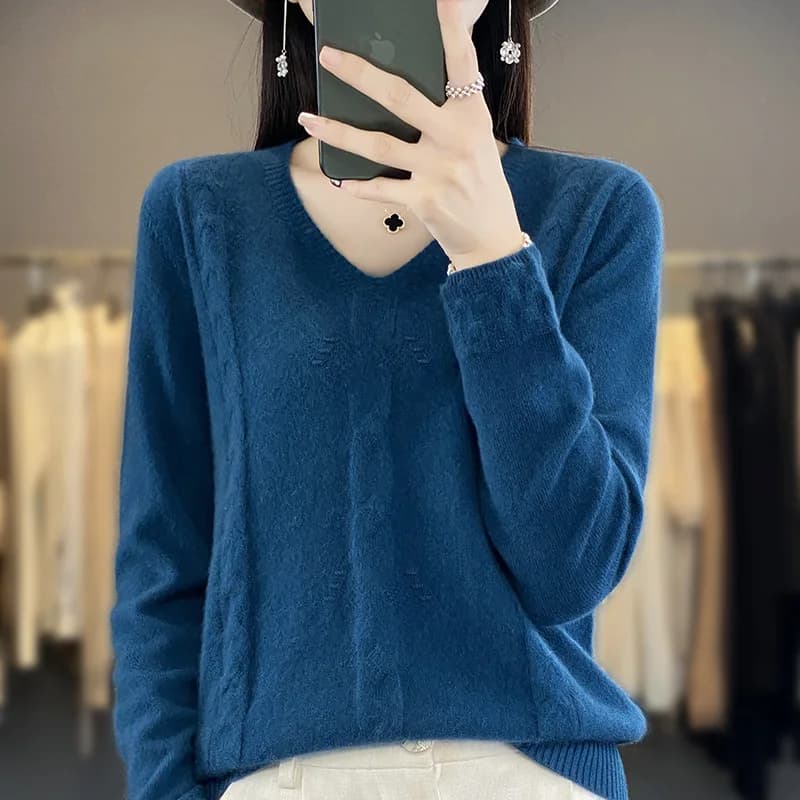Pull jacquard torsadé à col en V pour femmes, pull en pure laine, tricots décontractés pour femmes, 