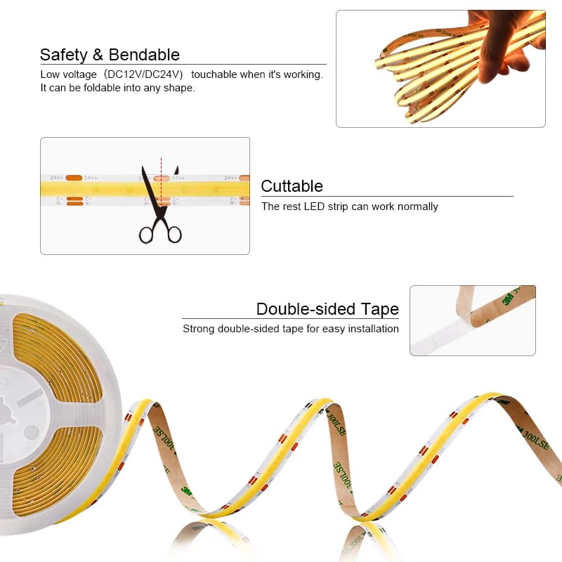 Bande lumineuse LED COB CCT à intensité variable, 2700K à 6500K, variable, haute densité, 608 LED/m,
