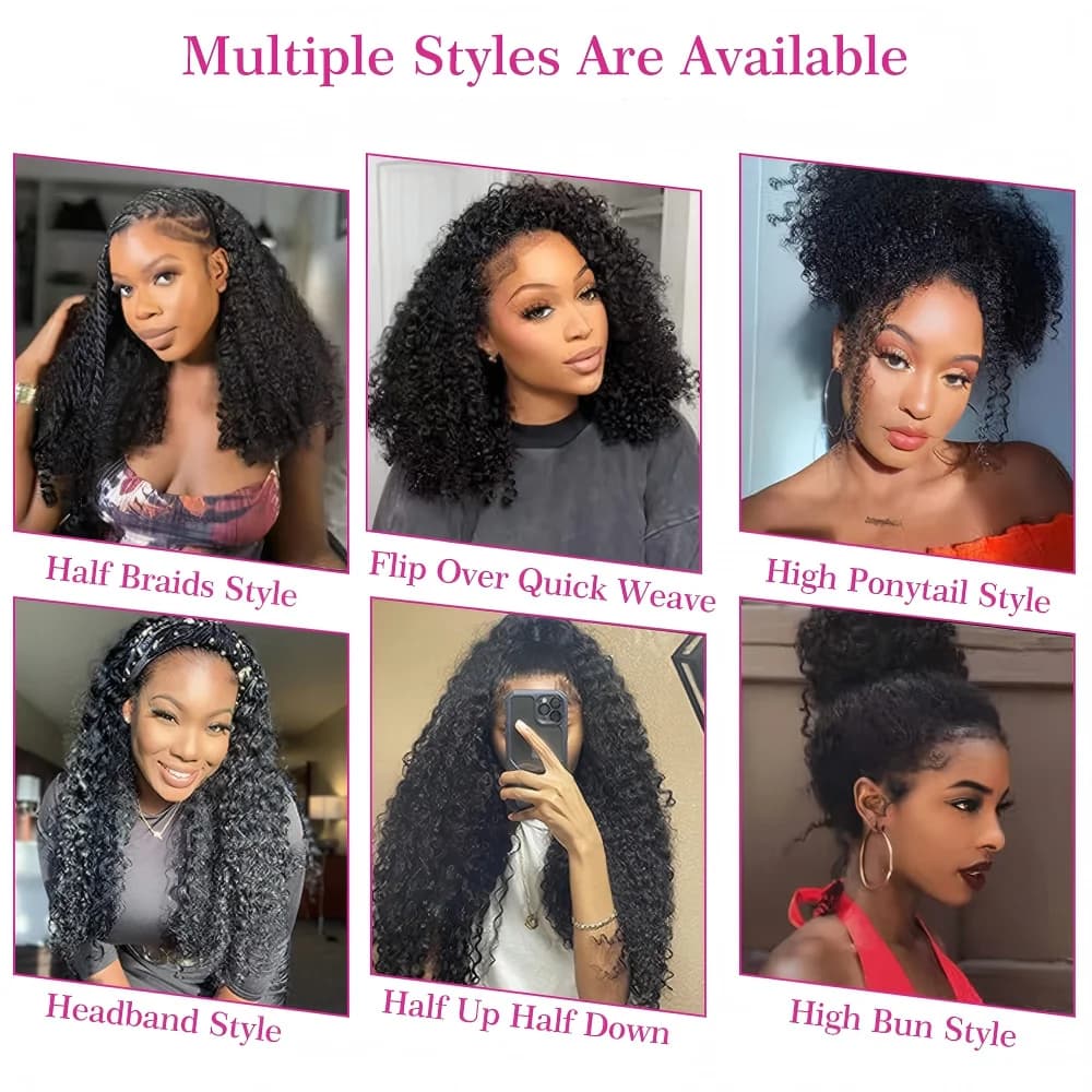 Demi-perruque sans colle, cheveux naturels crépus bouclés, bandeau amélioré 3 en 1, sans dentelle, a