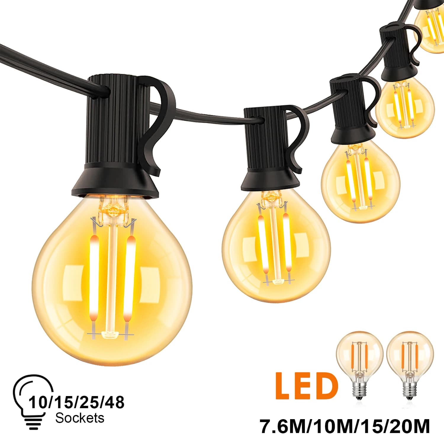 G40 décoration extérieure LED chaîne lumières 1.5W Globe ambre verre ampoule Dimmable guirlande fest