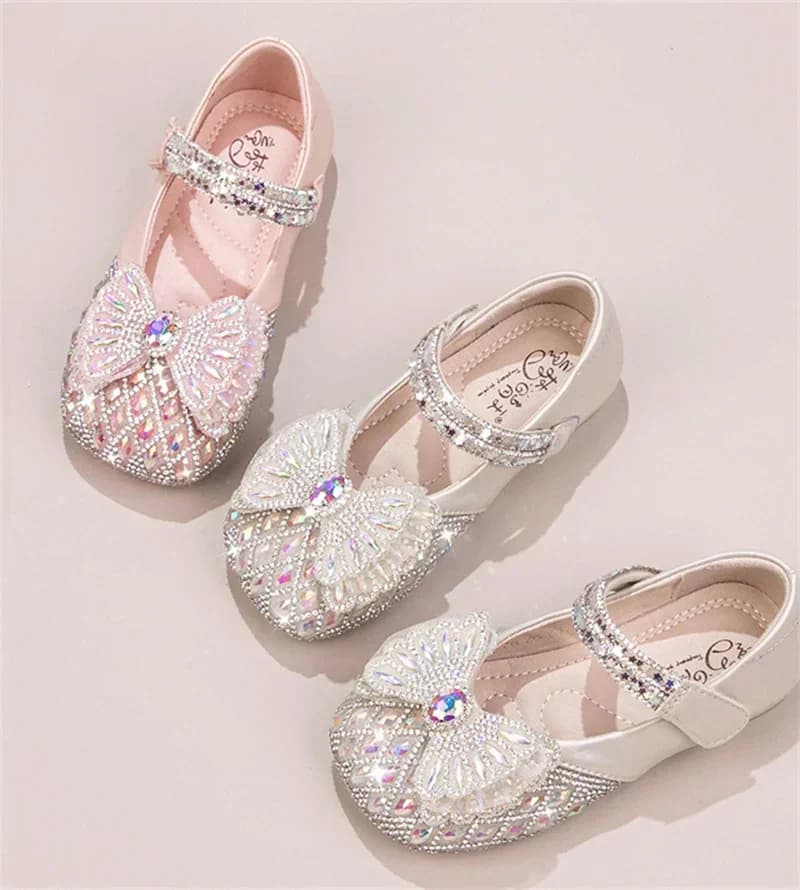 Doux bébé filles printemps/été populaire cristal mignon arc plat brillant défilé princesse chaussure