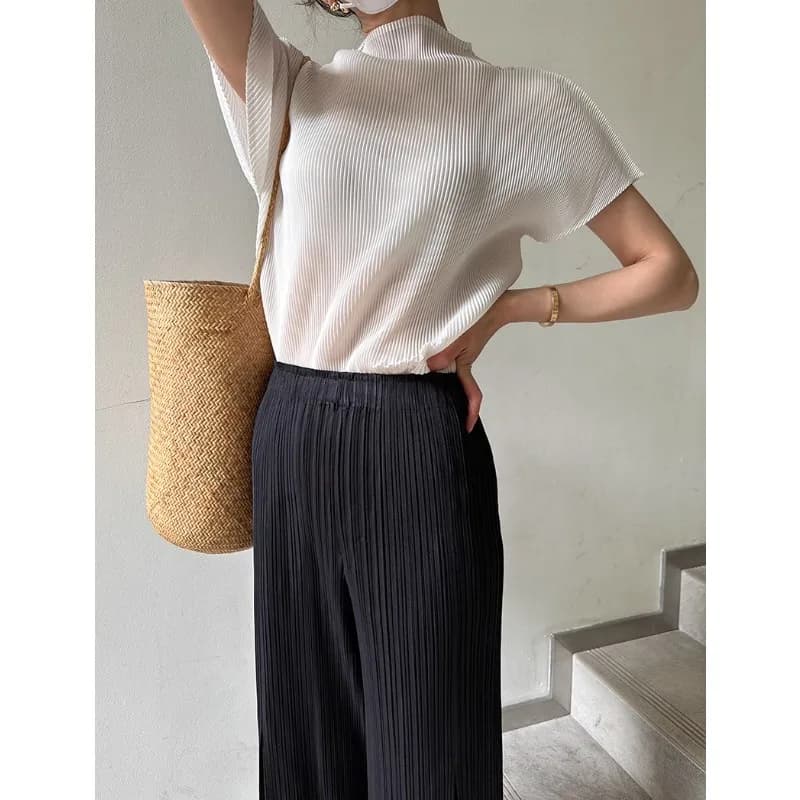 T-shirt à manches courtes plissé pour femme, haut blanc, col mi-haut, noir, mode adt, haute qualité,