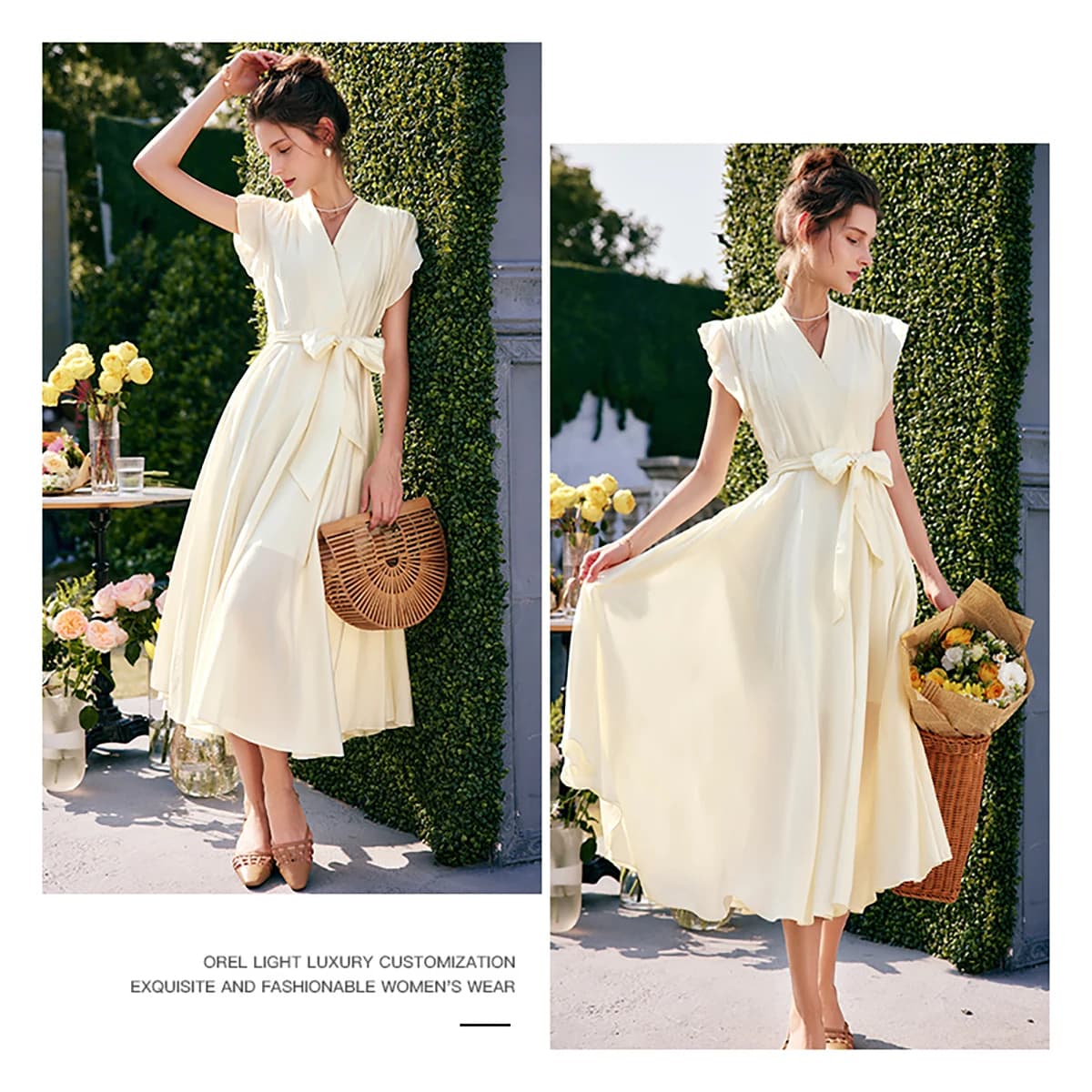 Robe longue élégante OLrain pour femme, collection été 2026, tendance, col en V, manches volantes, i