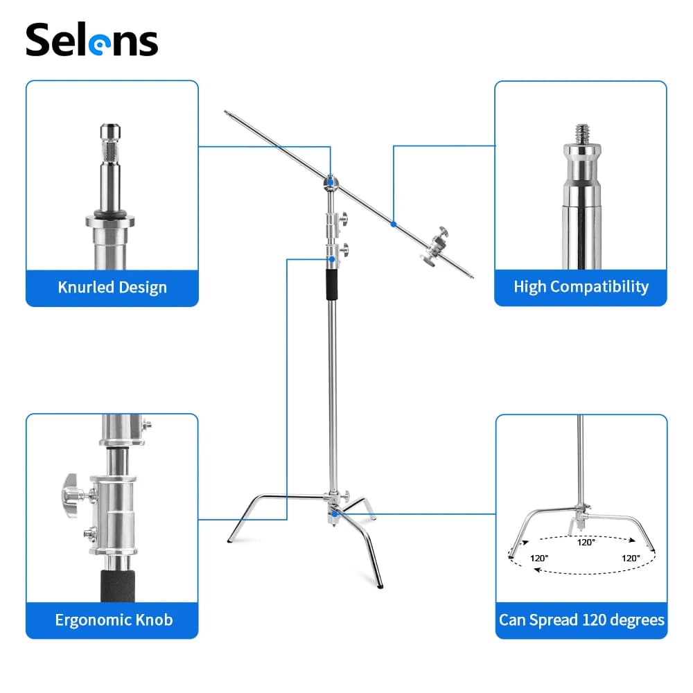 Selens 330 cm support en C rotatif anti-dérapant en acier inoxydable support de lumière toile de fon