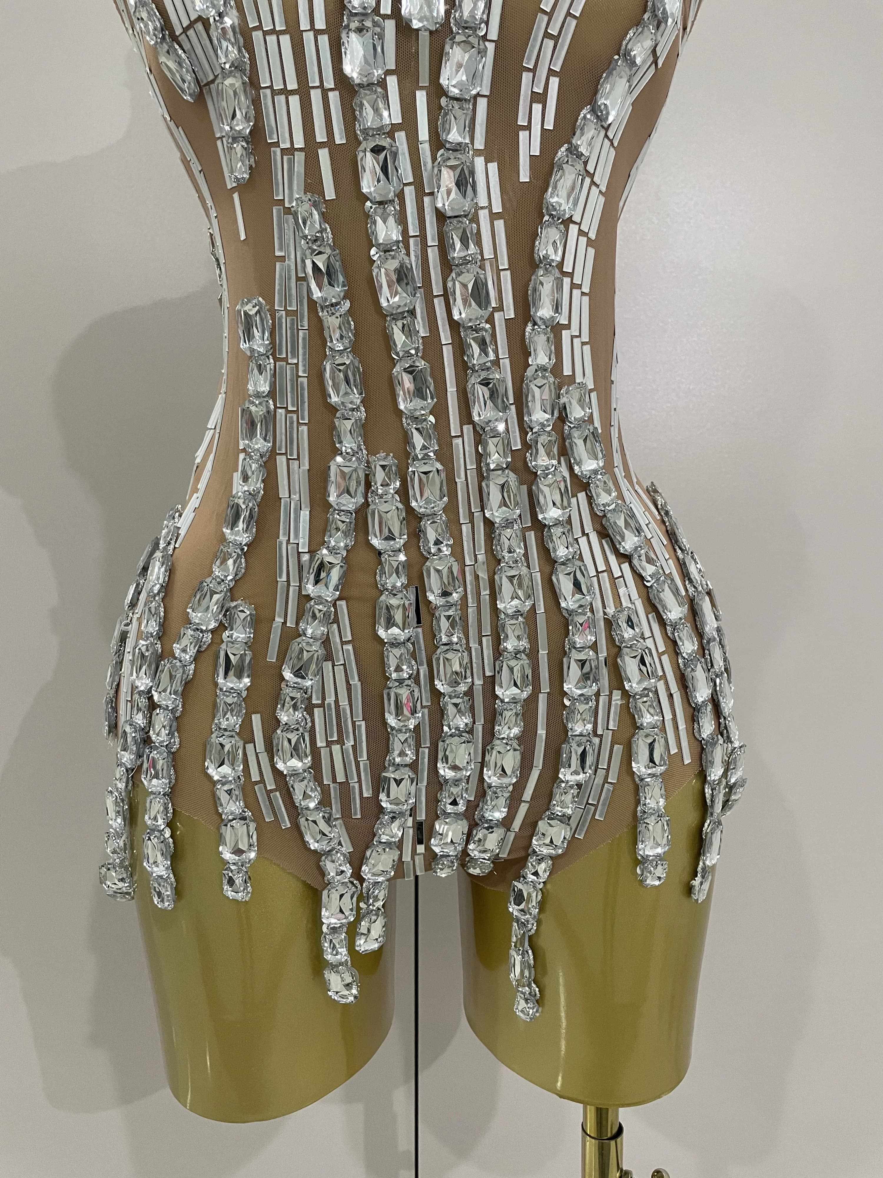 Chaîne de strass scintillante, body Transparent sans manches, Sexy, pour femmes, fête, discothèque, 