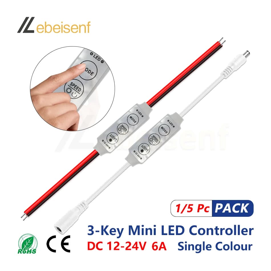 Mini contrôleur LED DC 12V 24V 6A, 3 touches, variateur de couleur unique pour bande lumineuse 3528 
