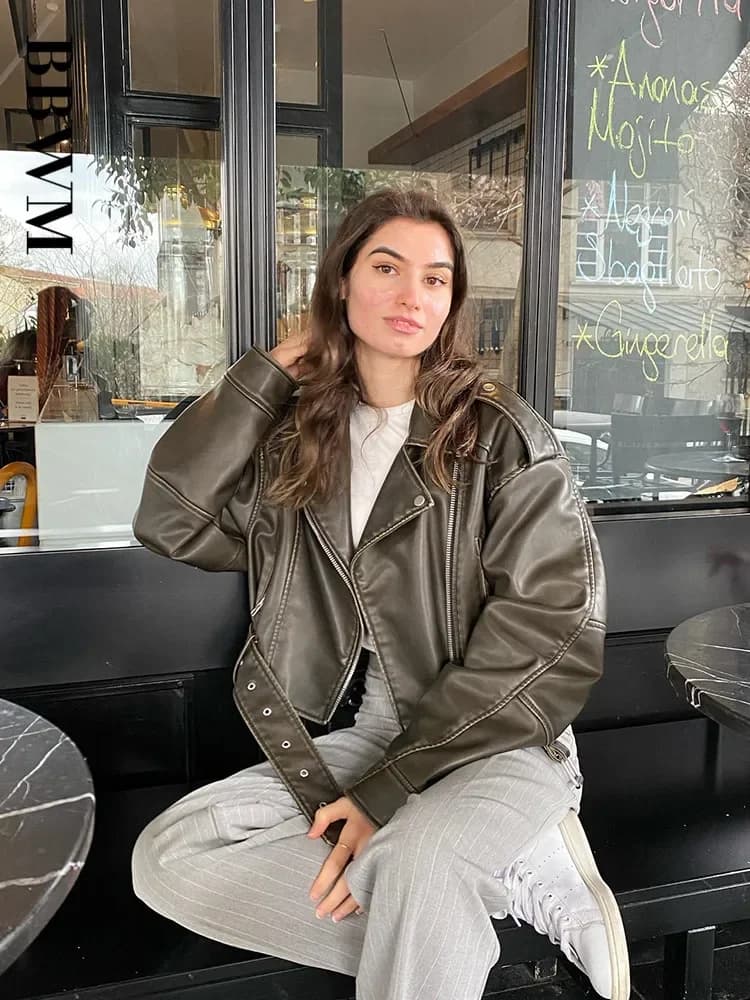 BBWM femmes surdimensionné Vintage ample Pu Faux cuir veste courte avec ceinture Streetwear femme fe