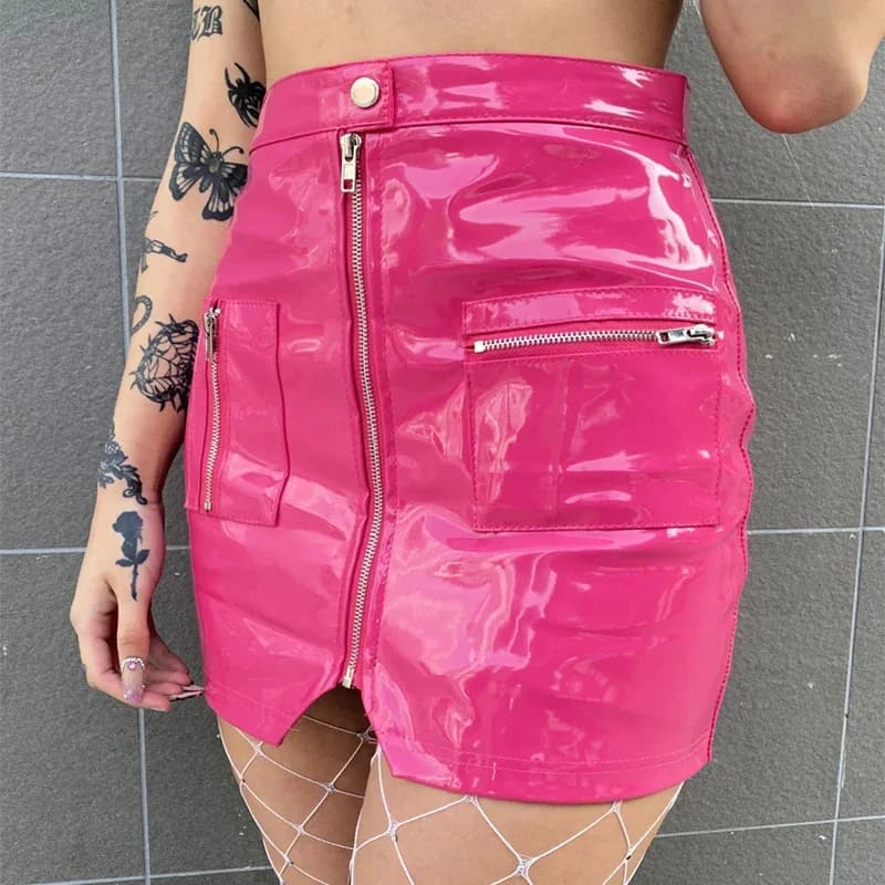 Mini jupe courte en cuir verni brillant pour femmes fermeture éclair fendue Faux Latex Sexy rose noi