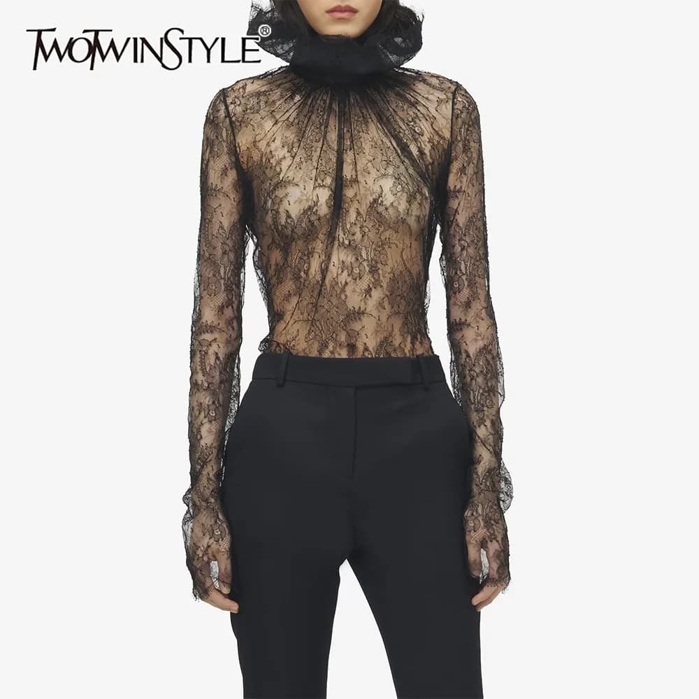 TWOTWINSTYLE Chemise chic en dentelle noire à empiècements pour femme, col rond, manches longues, am