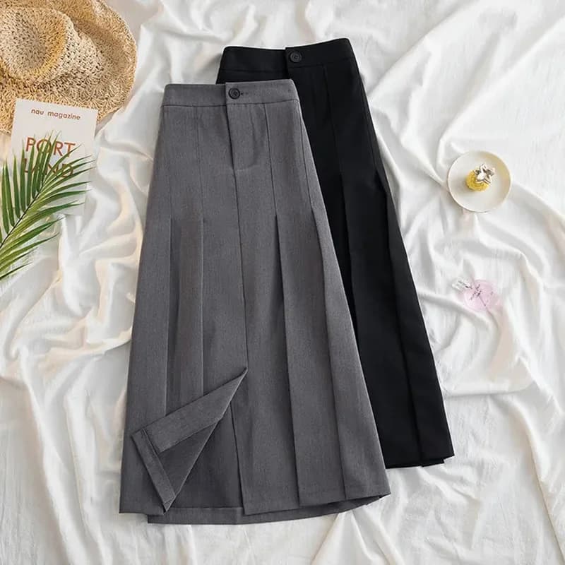 Jupe Longue Plissée Noire et Grise pour Femme, Style Japonais, Taille Haute, Midi, Streetwear de Bur