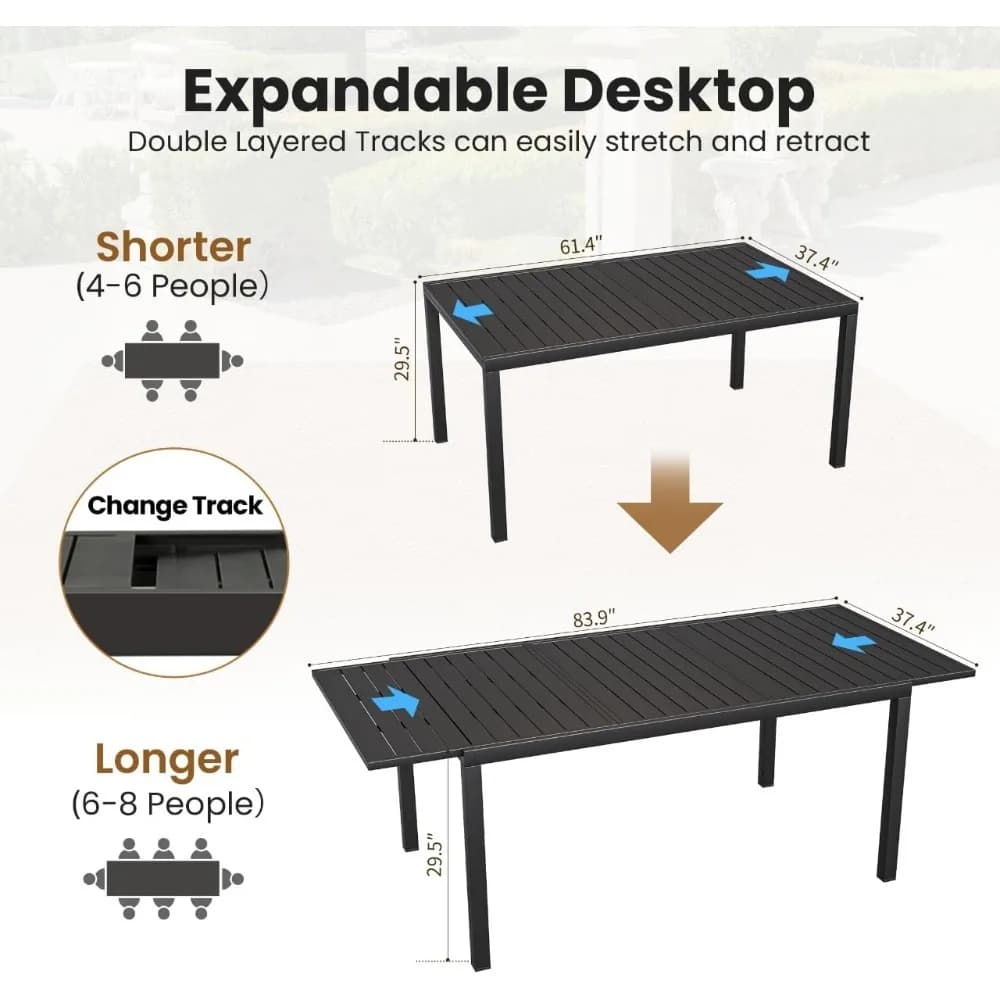 Ensemble de salle à manger de patio 7 pièces avec table rectangulaire extensible (38 "-84"), 6 chais